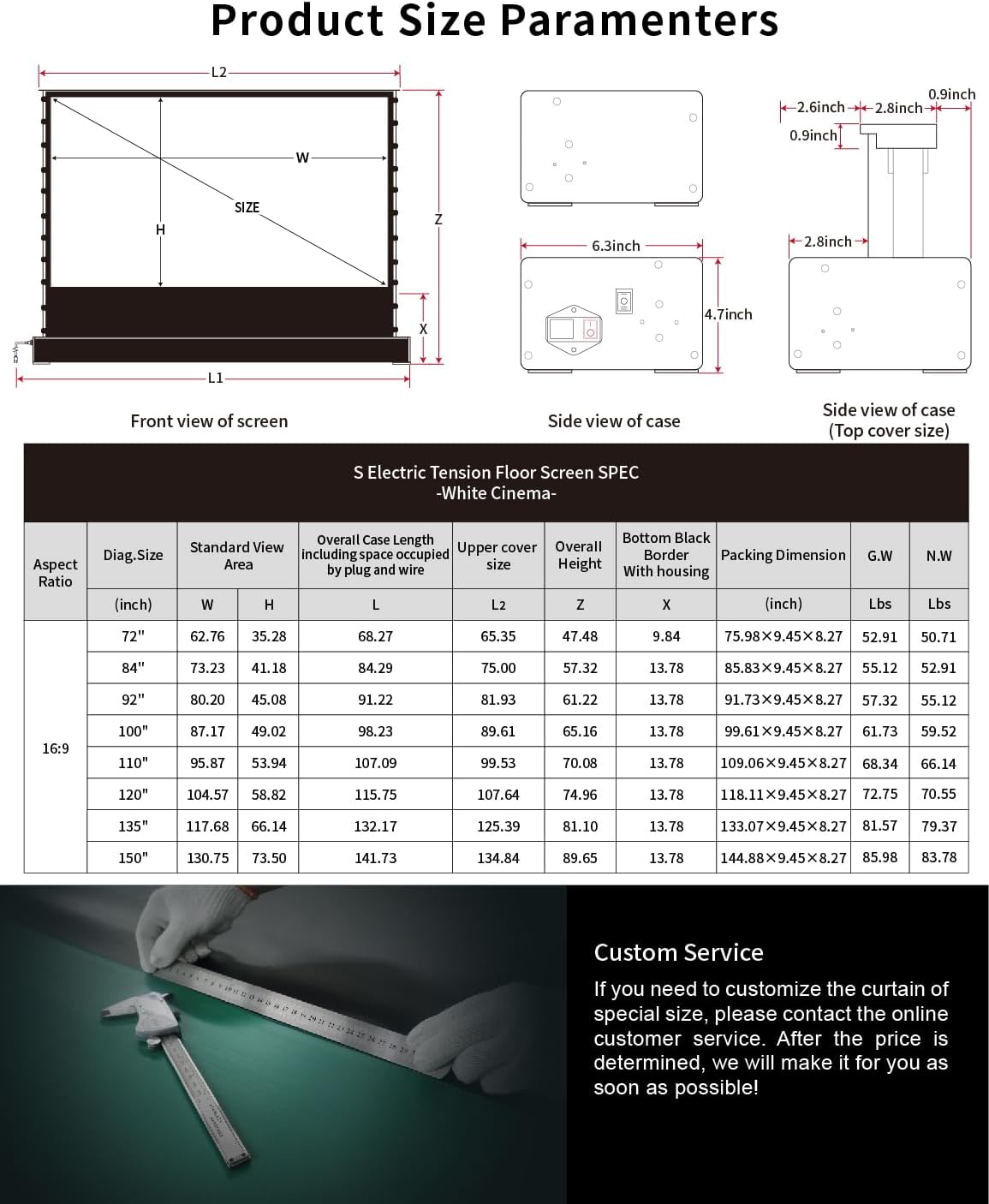 VIVIDSTORM-Movie Screen S 100 inch Motor Rollable Foldaway Portable Screen with White Cinema PVC, 4k 3D HD Gaming/Office Room,Compatible with Standard Projector,VWSDSTW100H