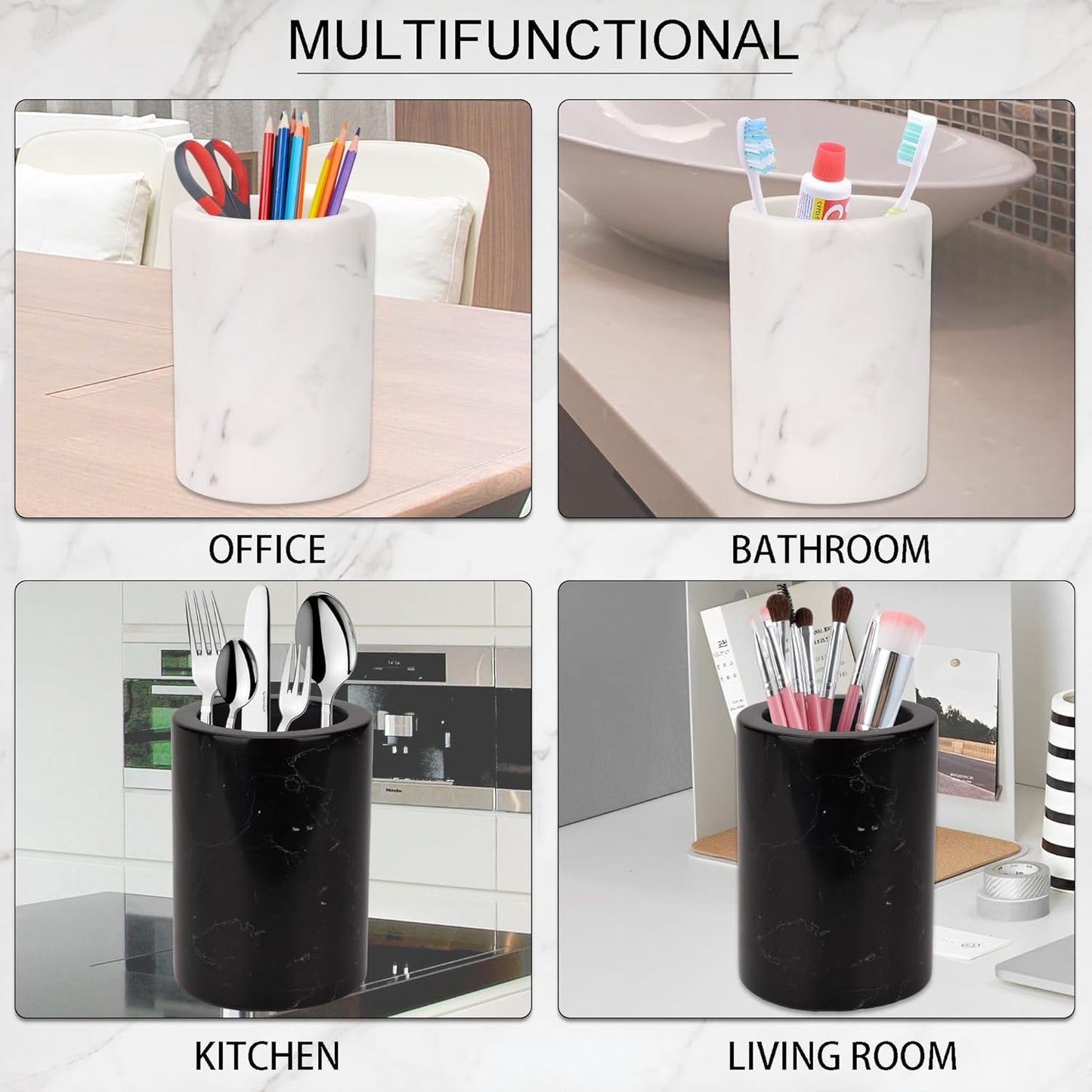 WORHE Natural Marble Pen Holder, Stylish Stone Caddy for Desk, Multi-Purpose Makeup Brush and Office Supply Storage Organizer, Desks Accessory Toothbrush Cup for Home School Black (DL003)