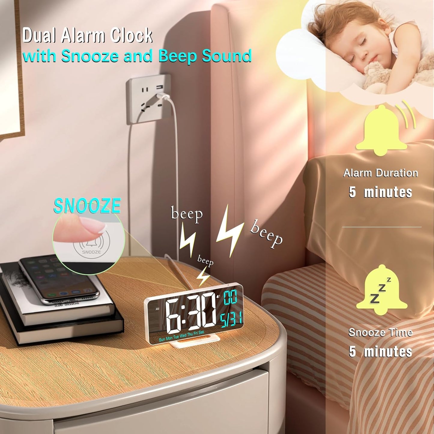 KOSUMOSU Digital LED Clocks for Bedrooms 6.7in White Alarm Clock, Dimming, 12/24h, Date, Day of Week,Temp,Desk Clock, LED Clock for Bedside, Digital Calendar Clocks for Living Room Essentials