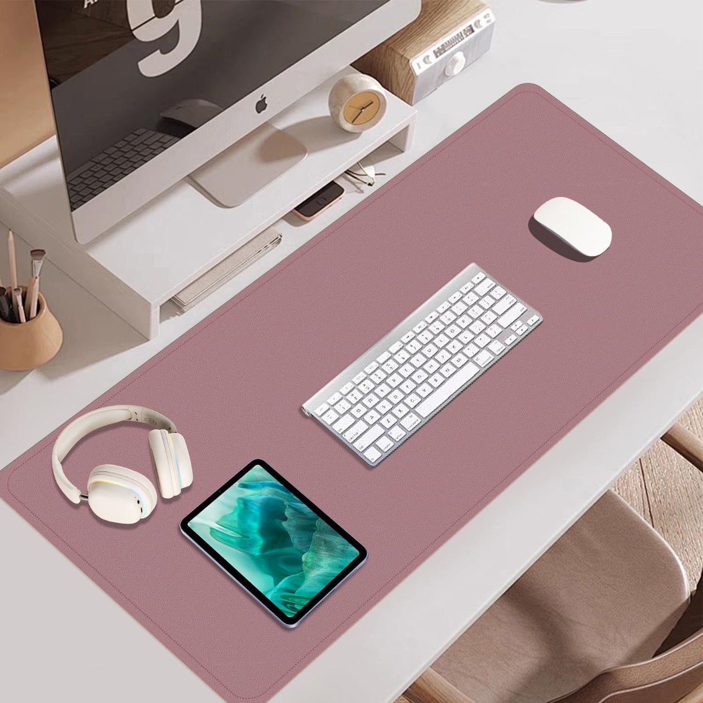 Large Desk Pad 35.4" x 17", Non-Slip Desk Mat with PU Leather & Natural Cork, Waterproof Writing Desk Natural Cork, Computer Mat Desk Protector for Office Home, Purple Pink