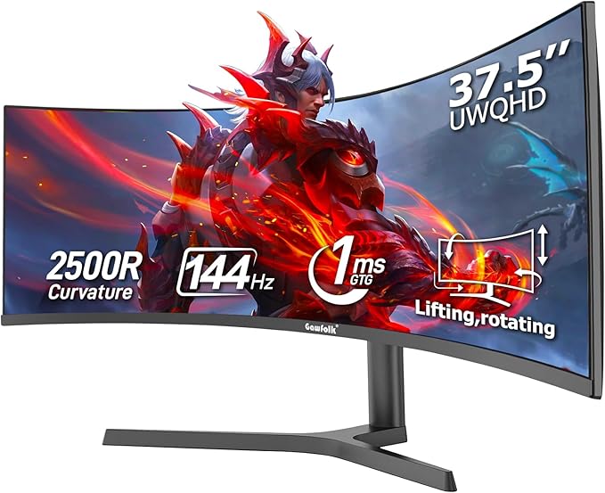 Gawfolk 37.5 Inch Gaming Monitor 3840 * 1600p 144Hz PC Monitor with AMD FreeSync, Flicker-Free, 2X HDMI 2.0, DP 1.4, Ultra-Thin Frameless Screen