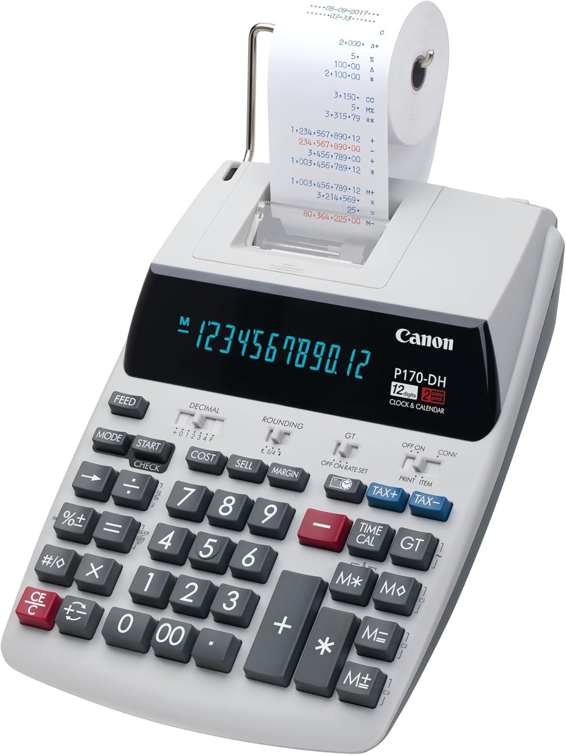 Canon Office Products 2204C001 Canon P170-DH-3 Desktop Printing Calculator with Currency Conversion, Clock & Calendar, and Time Calculation, Black/White/Silver, 14.60 Inch x 9.60 Inch x 3.00 Inch