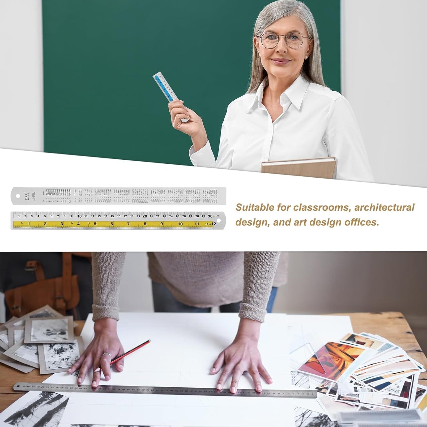 HARFINGTON 4pcs Metal Straight Ruler 30cm Metric SAE Aluminum Alloy Measuring Rulers Scale Tool with Hole for Measure Study Reading Classroom Office, Yellow