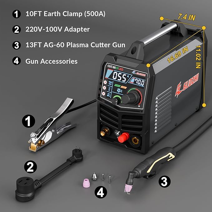 GZ GUOZHI Plasma Cutter 55Amp High Frequency Non-Touch Arc Digital Screen Display DC Inverter 110/220V Dual Voltage Blowback Plasma Cutting Machine CUT-55HFLED