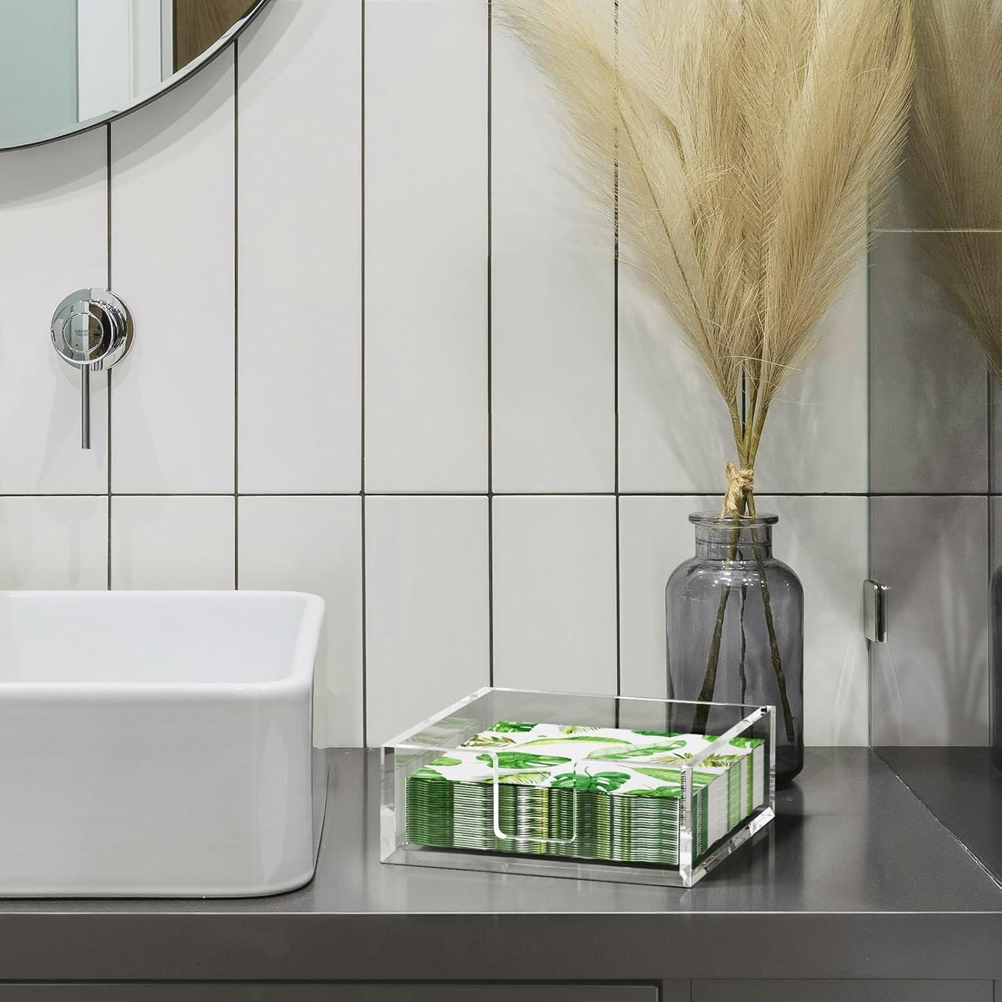 HIIMIEI Acrylic Napkin Holder for Table: Square Cocktail Napkin Dispenser, Flat Guest Towel Holder Tray, Disposable Hand Towel for Bathroom, Kitchen, Bar, Dinner, Party(Clear)