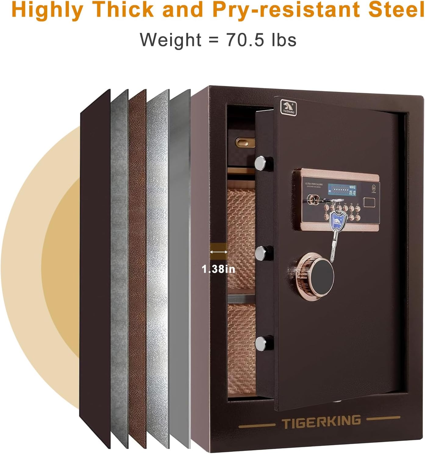 TIGERKING Large Heavy Duty Safe Box, 3.47 Cuft Digital Security Home Safe with Combination Lock Built-in Lockable Box, Dual Alarm System Safes for Home Office Business, Antique Brass