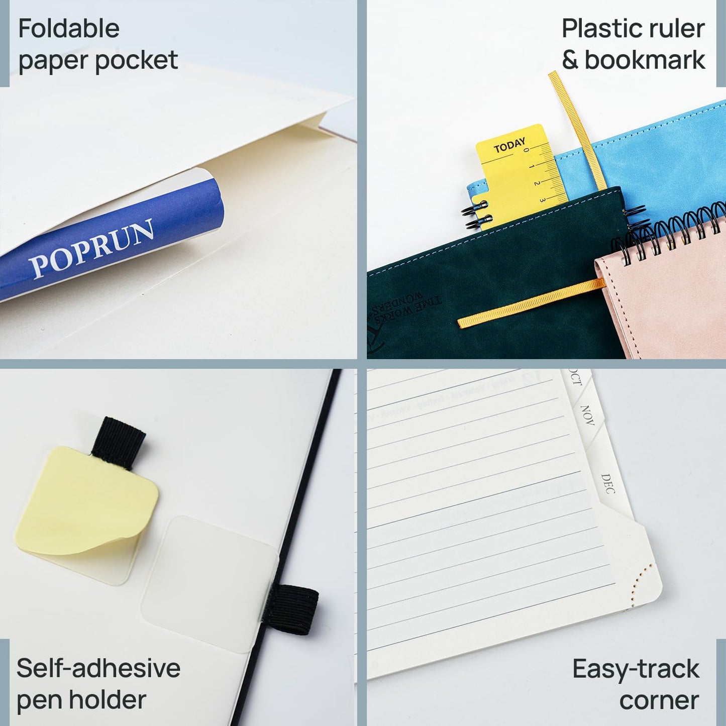 POPRUN 2026 Planner Weekly Notebook (Jan-Dec), Small Size 4''x 6.25'' - 2026 Pocket Calendar for Purse with Spiral Soft Cover, Plastic Ruler, Inner Pocket, 100 GSM - Petrol