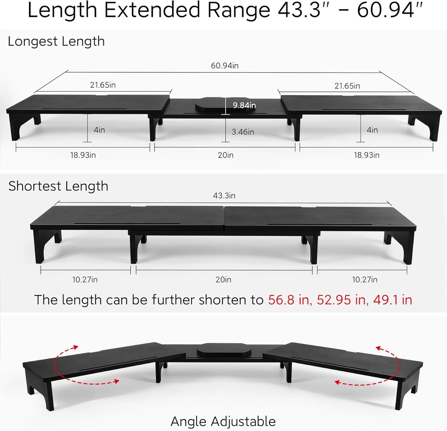 Nnewvante Monitor Stand Riser, Upgrade Height Large TV Riser, 60 inch Large Bamboo Dual Monitor Stand for Desk, 3 Shelves Desktop Screen Riser with Adjustable Length Angle for Computer Laptop Black