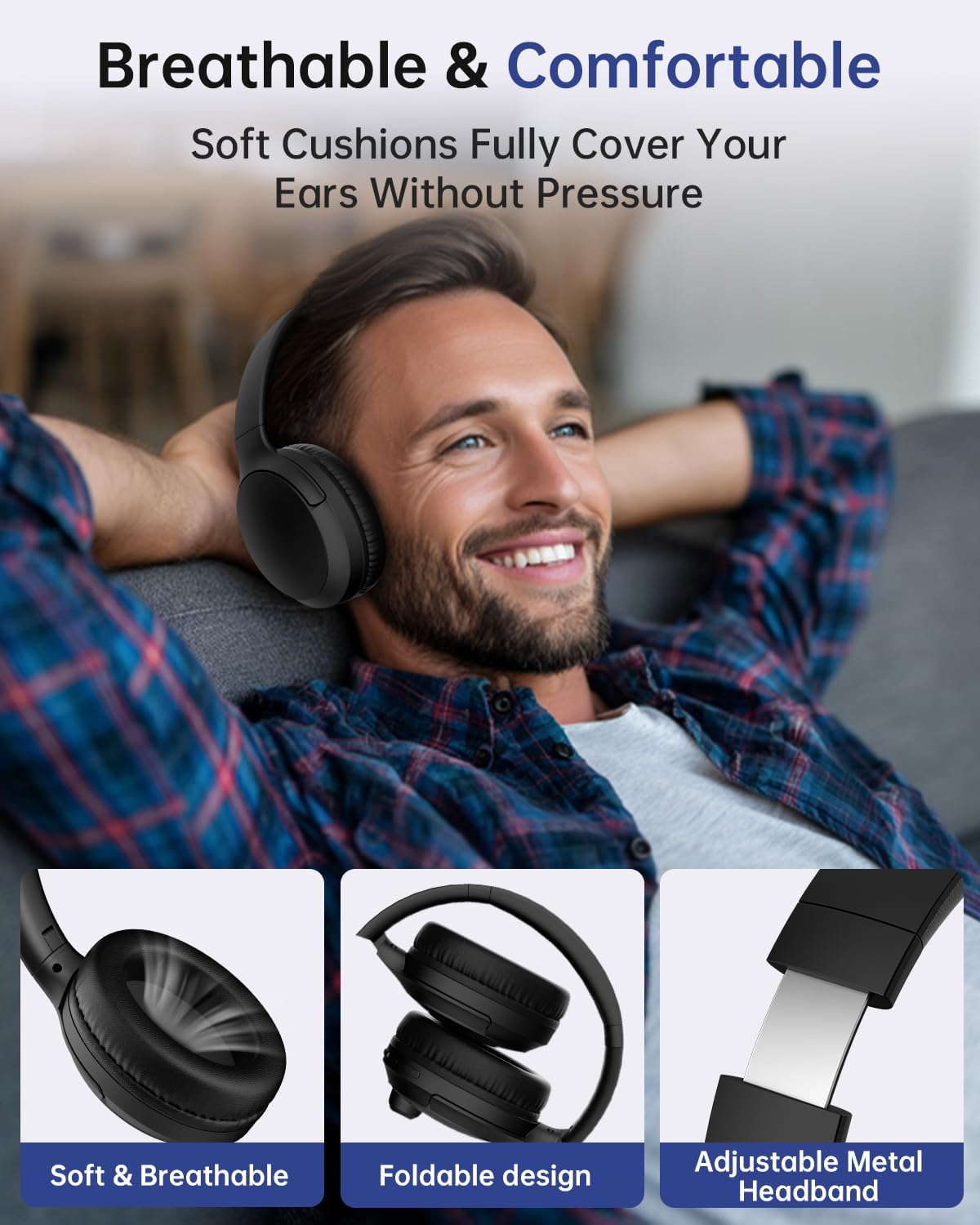Wireless Headset with Mic for Work up to 40H Talk Time, Over-Ear Foldable Bluetooth Wireless Headset with AI Noise Cancelling Mic, Bluetooth V5.3 & USB Dongle & Mic Mute for Home Office (Black)