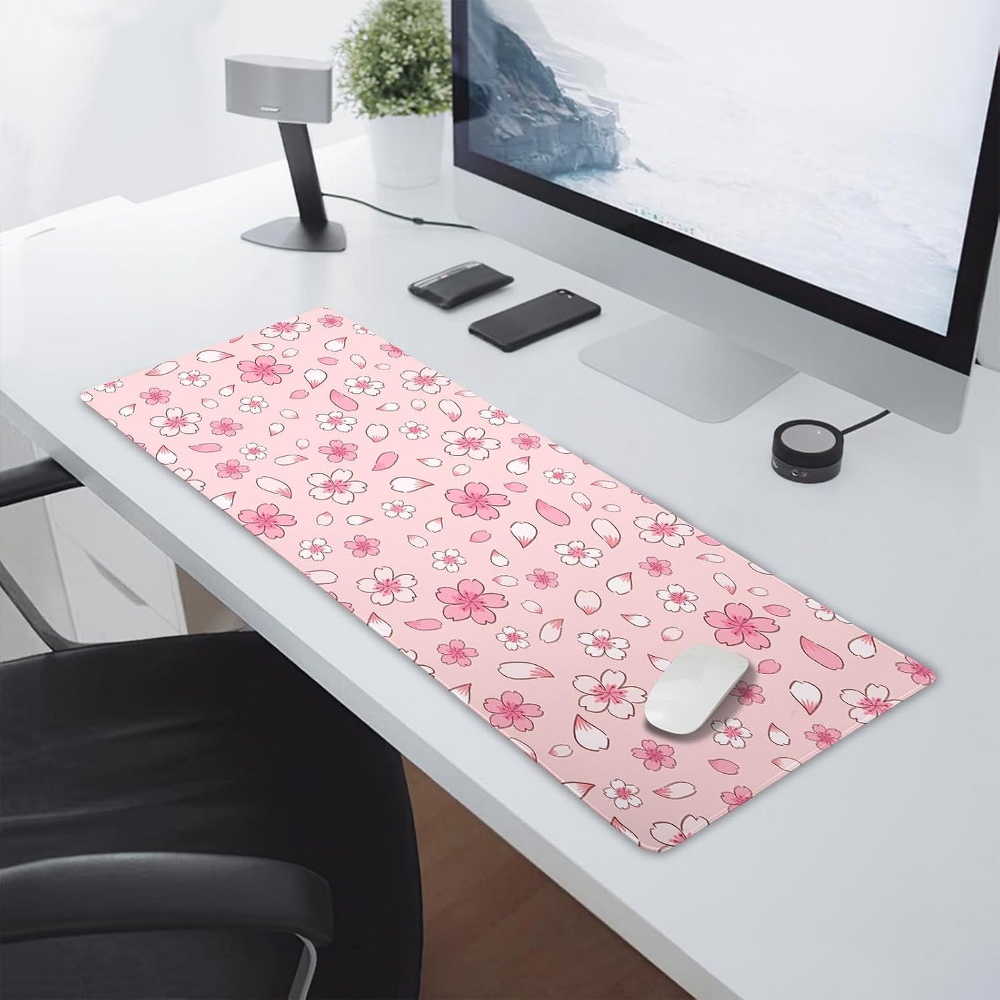 Pink Cherry Blossom Gaming Mouse Pad XL Cute Anime Aesthetics Floral Extended Kawaii Flowers Large Mousepad Non-Slip Rubber Base Stitched Edge Long Keyboard Desk Mat for Computer,31.5×11.8 Inch