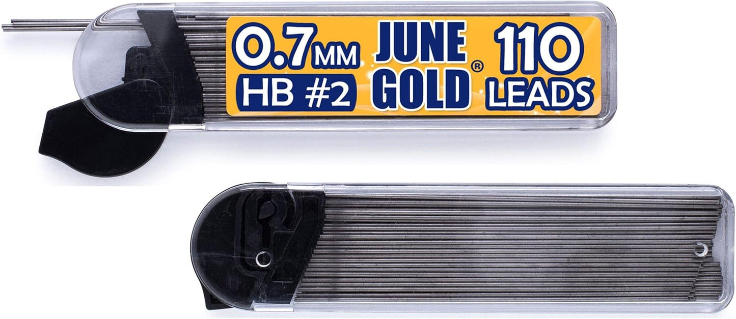 June Gold 72 Mechanical Pencils, 0.7 mm HB Lead, 2 Lead Dispensers with 220 Refills & 16 Erasers, Break Resistant, Convenient Side Click & Soft Non-Slip Grip