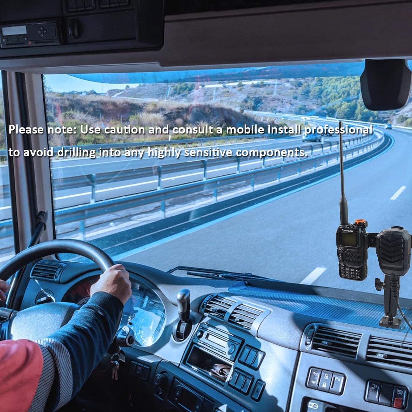 HYS Heavy Duty Drill Base Tablet Handheld CB Radio/Mic Holder Truck Mount, Aluminum 360° Adjustable 2-Stage Stand for Commercial Vehicles Car and Wall, for Handheld CB Radio&Mic with Clip/Round Knob