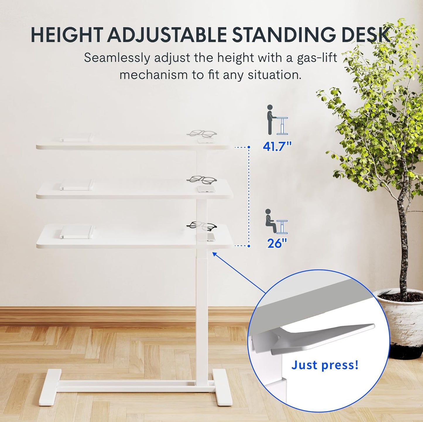 FLEXISPOT Mobile Standing Desk with Wheels Pneumatic Laptop Desk Rolling Computer Cart Movable Height Adjustable Small Sit Stand Desk Computer Workstations Home Use(31.5" W x 17.7" D,White