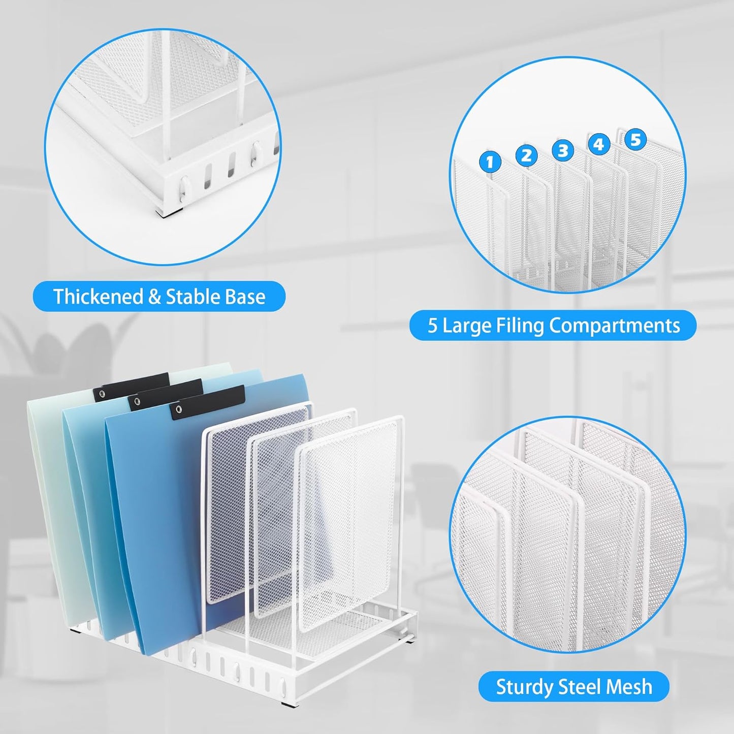 EASEPRES 5 Section Vertical Metal Mesh Desk File Organizer, Spacing Adjustable Upright Desktop Paper Mail Document Magazine Sorter Folder Holder for Workspace Office School Home, White