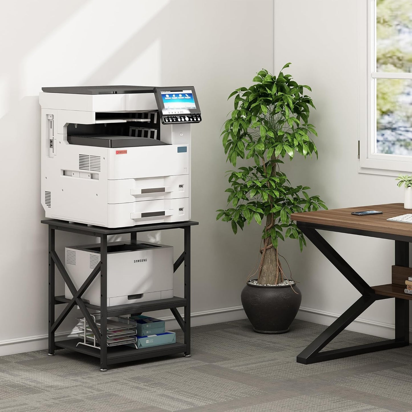 Printer Stand, 23.6 x 23.6 x 30.1 Inches Large Square Printer Table with Height Adjustable Storage Shelf, 3 Tier Rolling Printer Cart with Industrial Wheels for Home Office - Black