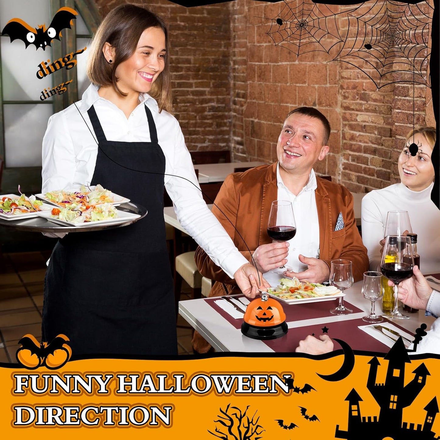 Hotop 3 Pcs Desk Bell for Service Funny Front Desk Smile Face Metal Ringer Call Bell for Kitchen Hotel Restaurant Classroom(Pumpkin, Ghost, Bat,Orange, Black, White)