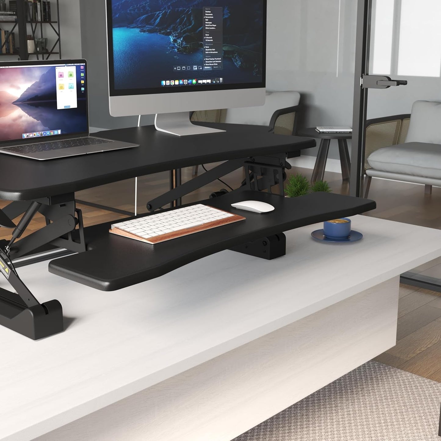 Mount-It! Height Adjustable Standing Desk Converter, Extra Large 48” Wide Tabletop for Dual Monitors, Stand Up Desk Riser to 19.5" Tall, Gas Spring Raising Desk Computer Workstation Convertor in Black