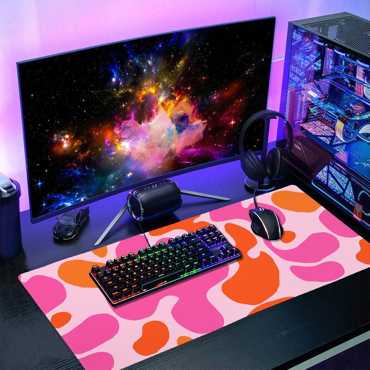 Pink Orange Cute Gaming Mouse Pad XXL Kawani Preppy Abstract Modern Extended Large Desk Mat Mousepad Non-Slip Rubber Base Stitched Edge Long Mousepad for Desktop Office PC, 35.4 x 15.7 inch