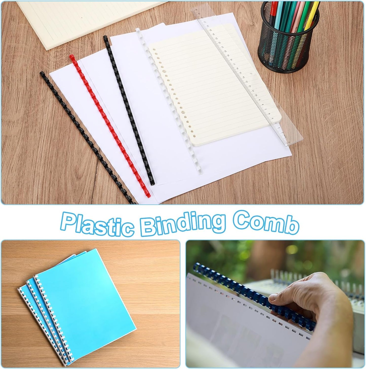 PATIKIL 12mm (1/2") Plastic Binding Combs, 100 Pcs 21 Rings Comb Binding Spines 90 Sheet Capacity Letter Size for Binding Paper Sheets, Blue