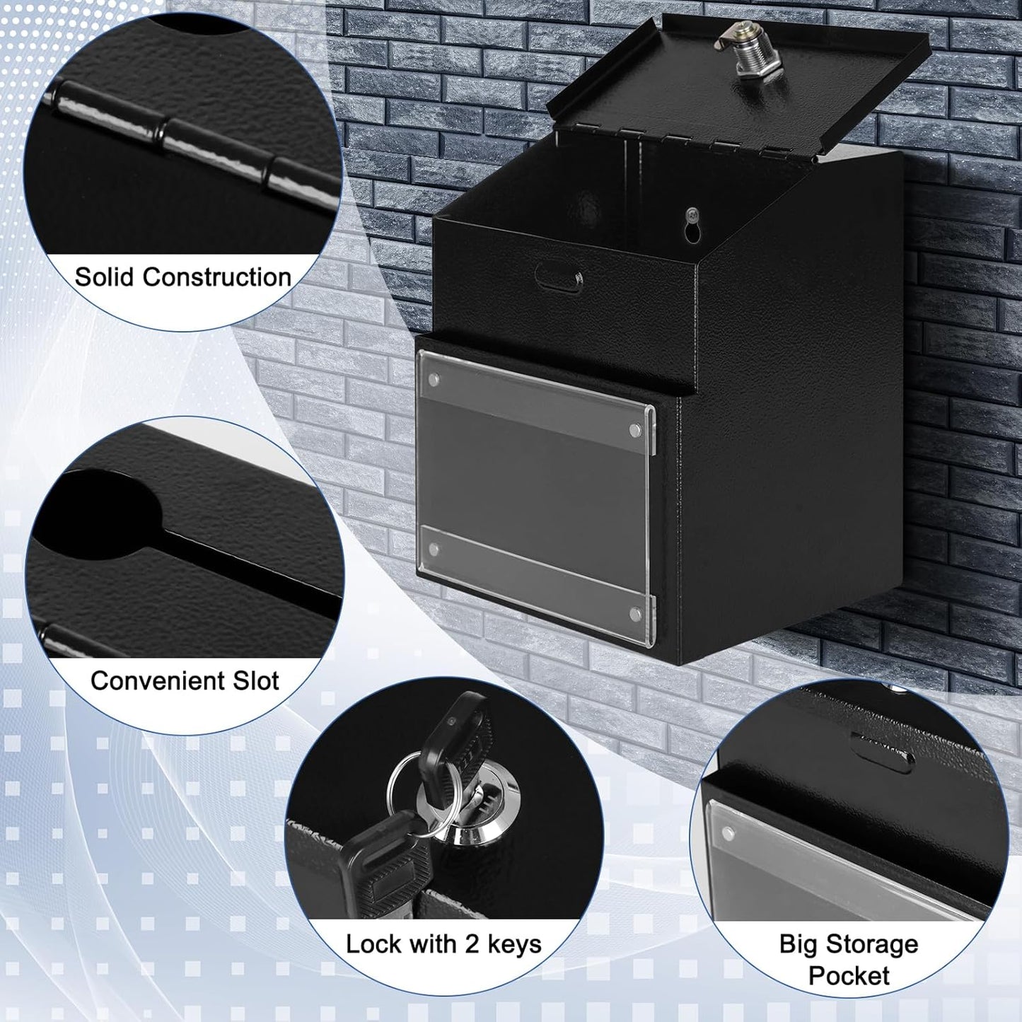 xydled Suggestion Box with Key Lock Magnetic Acrylic Sign Holder, Metal Donation Ballot Drop Box with Slot Tip Jar for Office, Fundraising, Church, School, 8.1'' x 7.1'' x 5.7'', Black