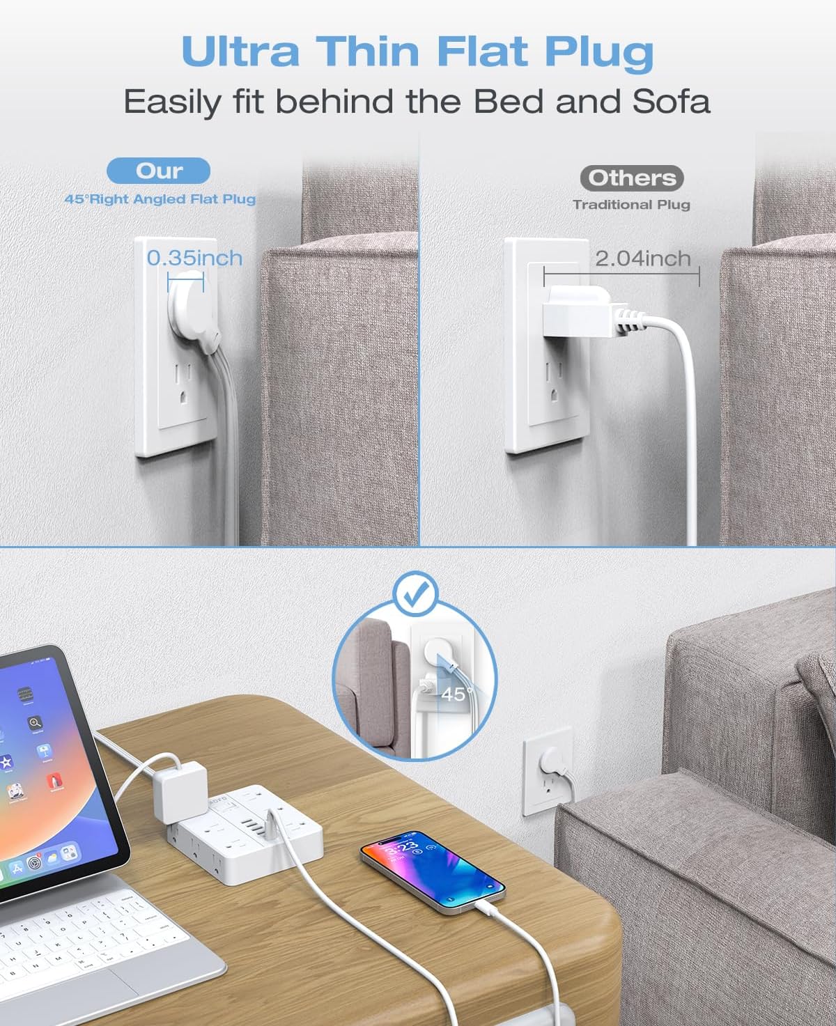 25FT Surge Protector Power Strip,12 AC Outlets with 6 USB Ports (2 USB-C), Flat Plug Extension Cord with Multiple Outlets, Wall Mount for Home Office,Dorm, White