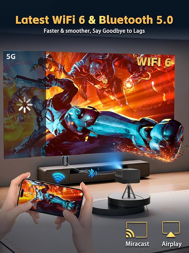 2200 ANSI Smart Projector with 1080P Native Office Video Projector, Indoor Movie Projector with 4K Support, Auto Focus,Home Theater Movie Projector with WiFi 6 & Bluetooth