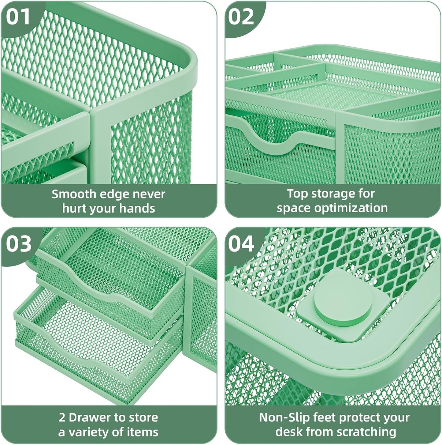 Marbrasse Mesh Desk Organizer, Pen Organizer with 2 Drawer, Multi-Functional Pencil Holder, Desk Organizers and Accessories with 5 Compartments + Drawer for Office Art Supplies (Green)