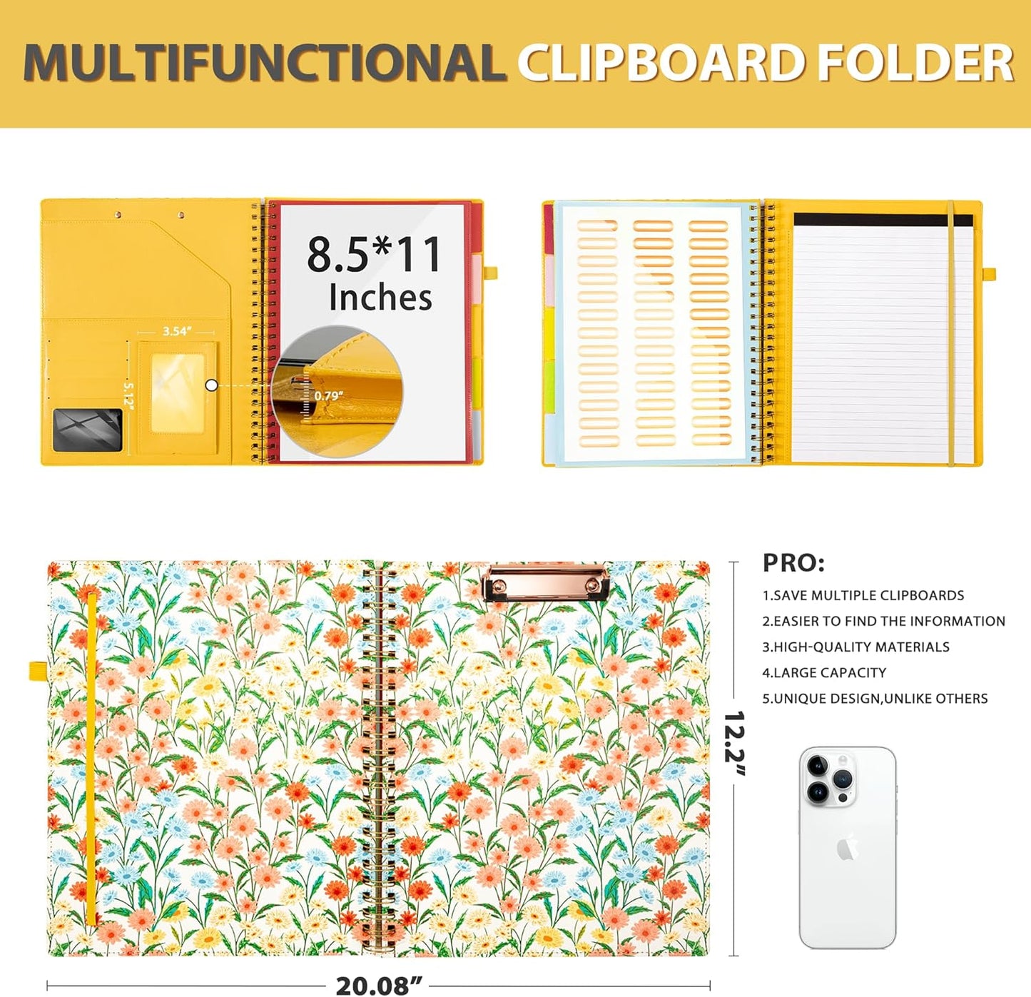 Clipboard with Storage for Men Women, Leather Padfolio Portfolio Organizer 5 Folders with 10 Pockets, Spiral Clipboard Folio with Notepad for Letter Size, Elastic Closure and Pen Loop Floral