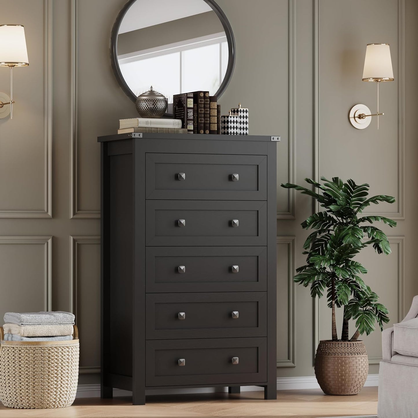 Tall 5-Drawer Dresser, Modern Wooden Storage Chest of Drawers, Dresser TV Stand, Wood Drawer Organizer with Metal Handles for Bedroom, Living Room, Hallway