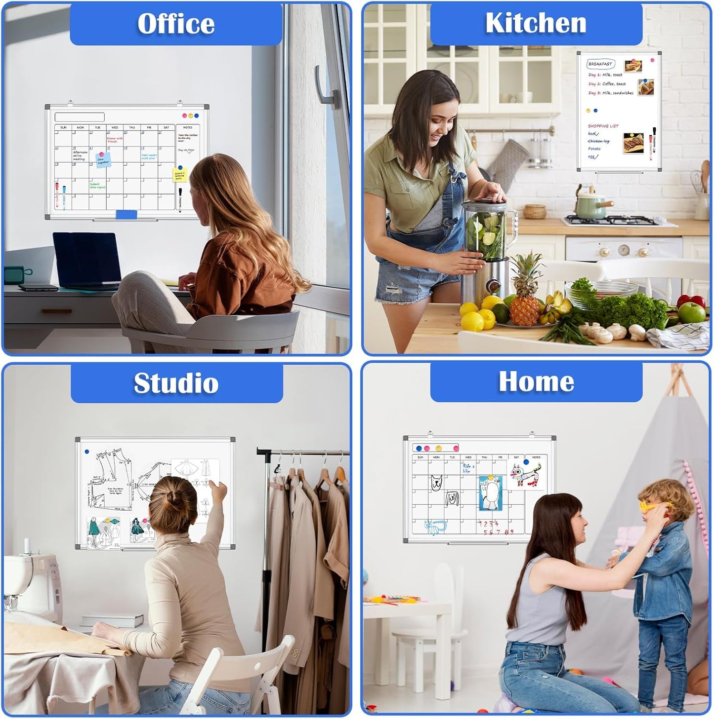 Monthly Calendar Dry Erase Whiteboard for Wall, 36" x 24" Double-Sided Calendar White Board, Magnetic Portable Board for Office, Kitchen, School, Home