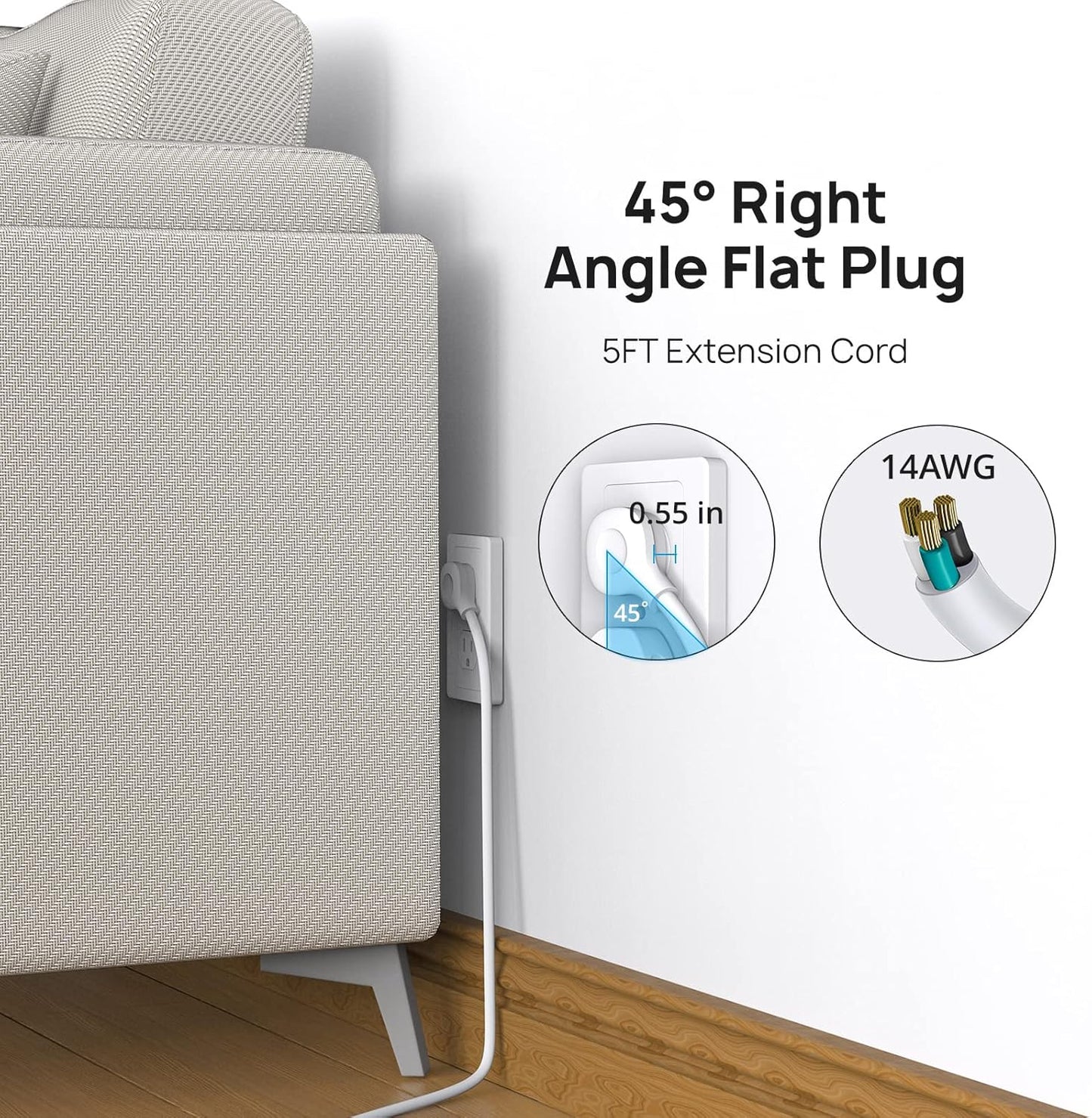 TROND Power Strip Surge Protector, 7 Widely Spaced Outlets with 2 USB A and 1 USB C, ETL Listed 1700J, Wall Mount, Flat Plug 5ft Extension Cord 14AWG Heavy Duty, for Home, Office Garage, White