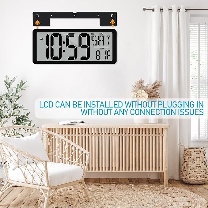 TXL 14.2"" Large Digital Wall Clock Battery Operated, Digital Clock Large display with Day, Date & Temperature, Large wall clock for Bedroom, Livingroom, Office,Battery Included, Black