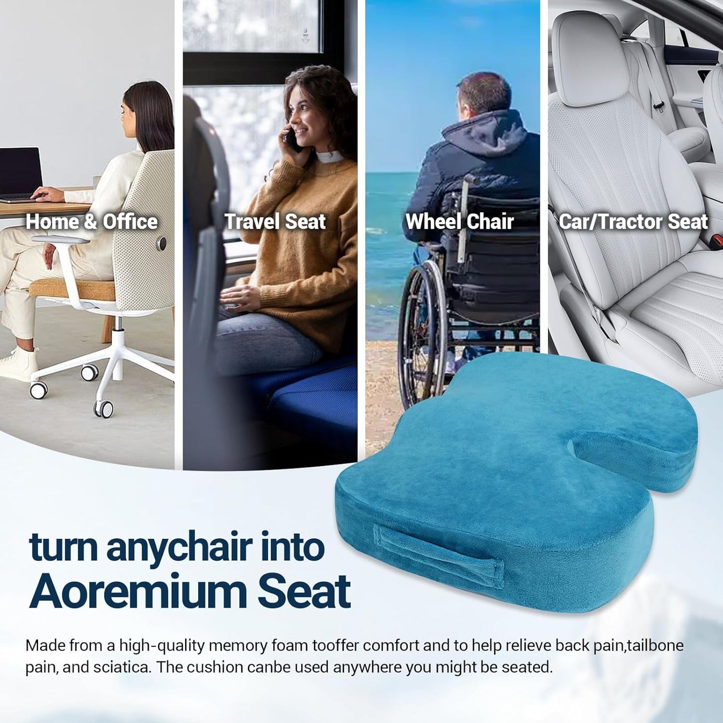 Gel Seat Cushion for Car Office - Memory Foam Pain Relief Chair Pillow Cushions - Tailbone Sciatica Coccyx Butt Lumbar Support Pad for Sitting Driving Traveling, Velvet, Blue