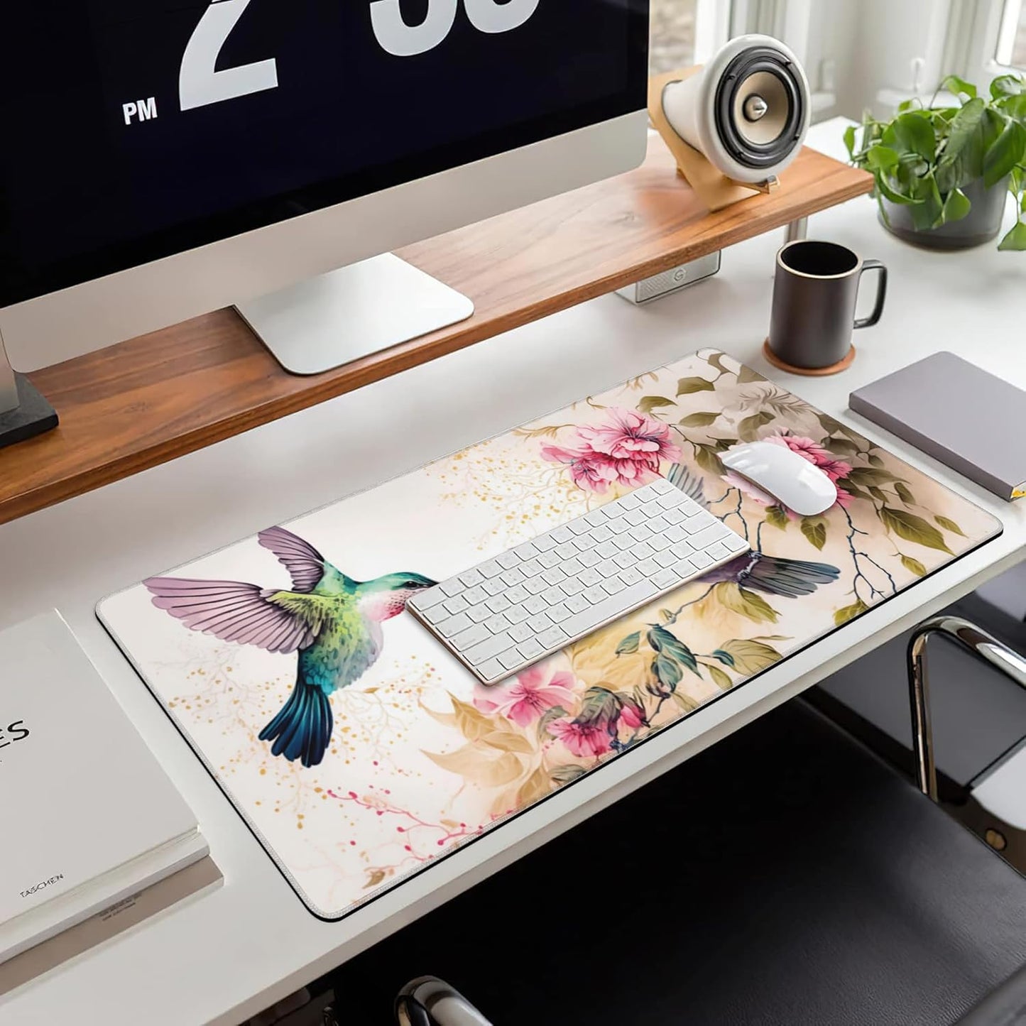 Desk Mat, Pink Flowers and Colibri Birds Extended Large Gaming Mouse Pad for Desk XXL, Non-Slip Rubber Base Stitched Edges Long Computer Keyboard Desk Pad Mouse Mat for Home Office Gaming 35.4"X15.7"