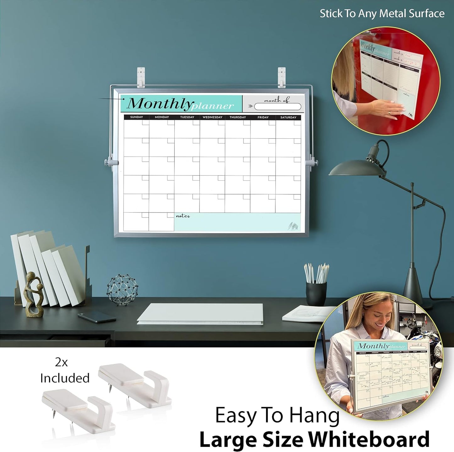 Dry Erase White Board for Desktop & Wall 12"x16" with 2 Magnetic Removable Planners - Weekly & Monthly to Do List Board with Stand, 6 Markers Eraser & Wall Hangers - Portable Double Sided Magnetic