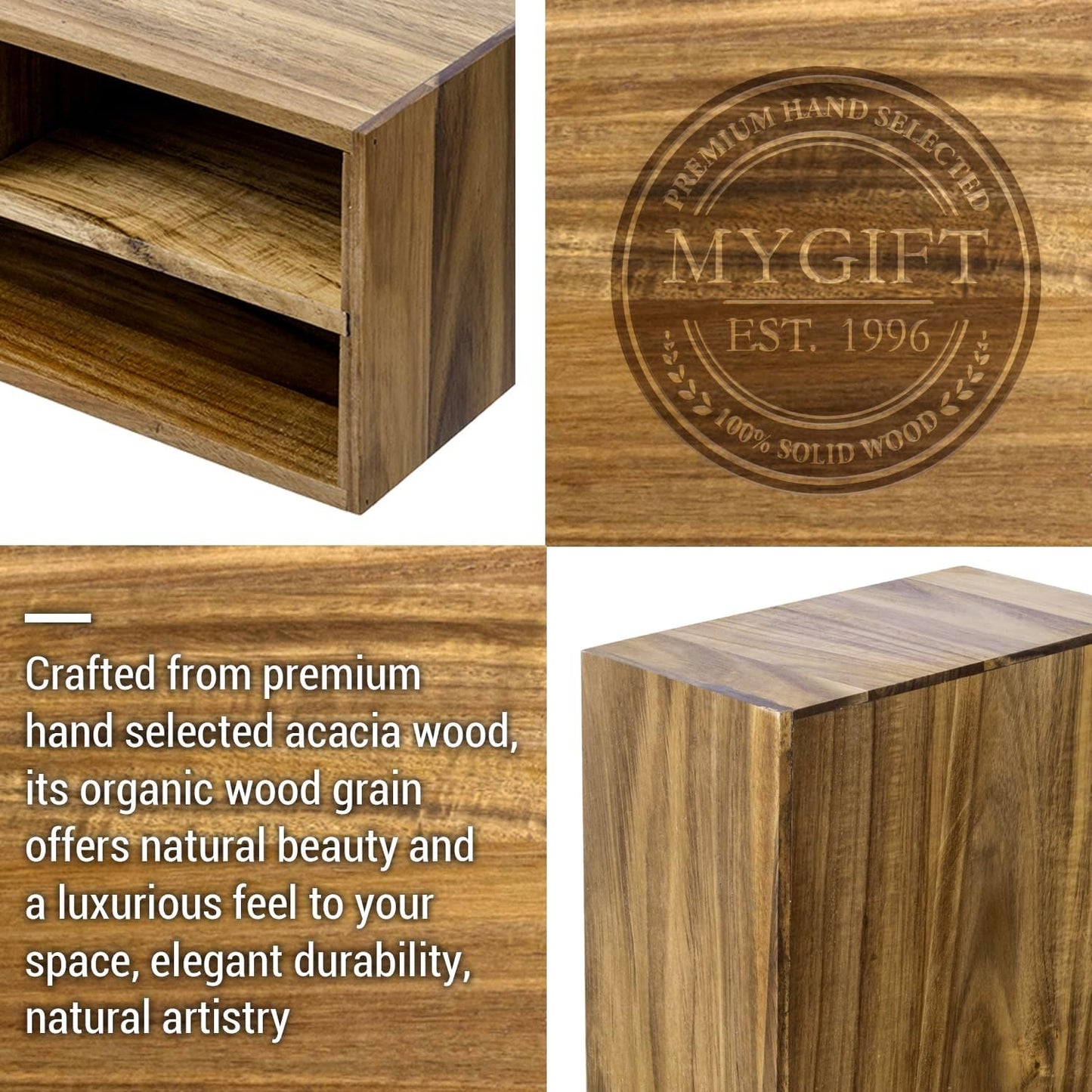 MyGift Premium Acacia Solid Wood Desktop Organizer Box with 3 Removable Black Metal Mesh Trays, Rustic Office Desk Supplies Storage Drawers for Accessories