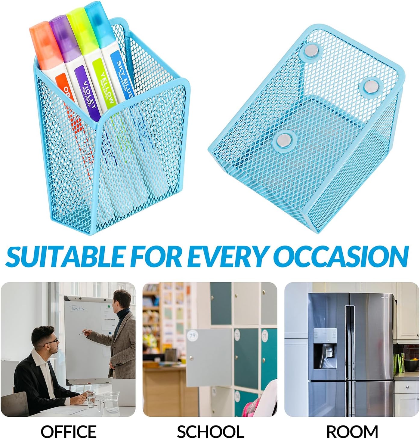 LUCYCAZ Magnetic Pen Holder - Single Magnetic Pencil Locker Holder Organizer, Blue Mesh Marker Holder Pen Basket for Whiteboard, Refrigerator and Locker