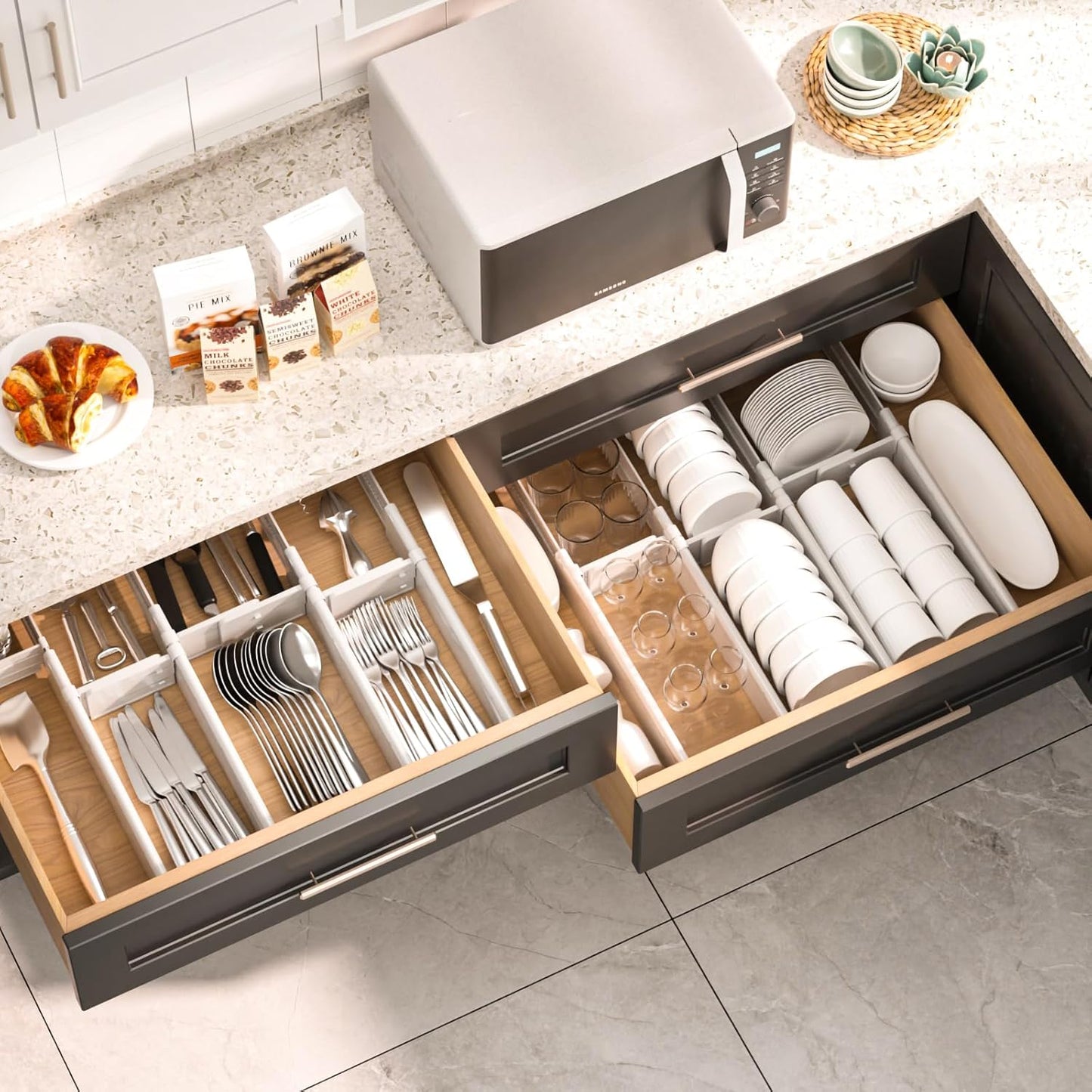 HiYZ Expandable Drawer Dividers with Inserts - Adjustable Drawer Organizers Separators for Kitchen, Bedroom, Dresser, Office, 3 Long Dividers(12.6-22.8 IN) with 6 Inserts(3.9-7.1 IN) - Gray