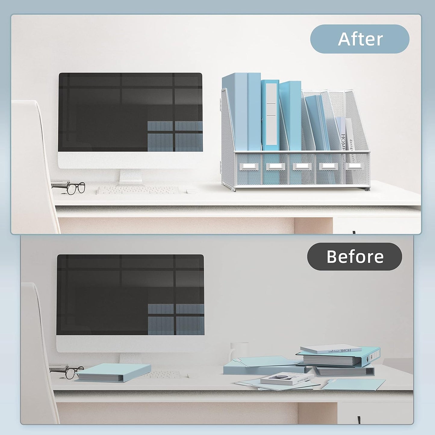 SUPEASY Desk Organizers Metal Desk Magazine File Holder with 5 Vertical Compartments Rack File Organizer for Office Desktop, Home Workspace, White