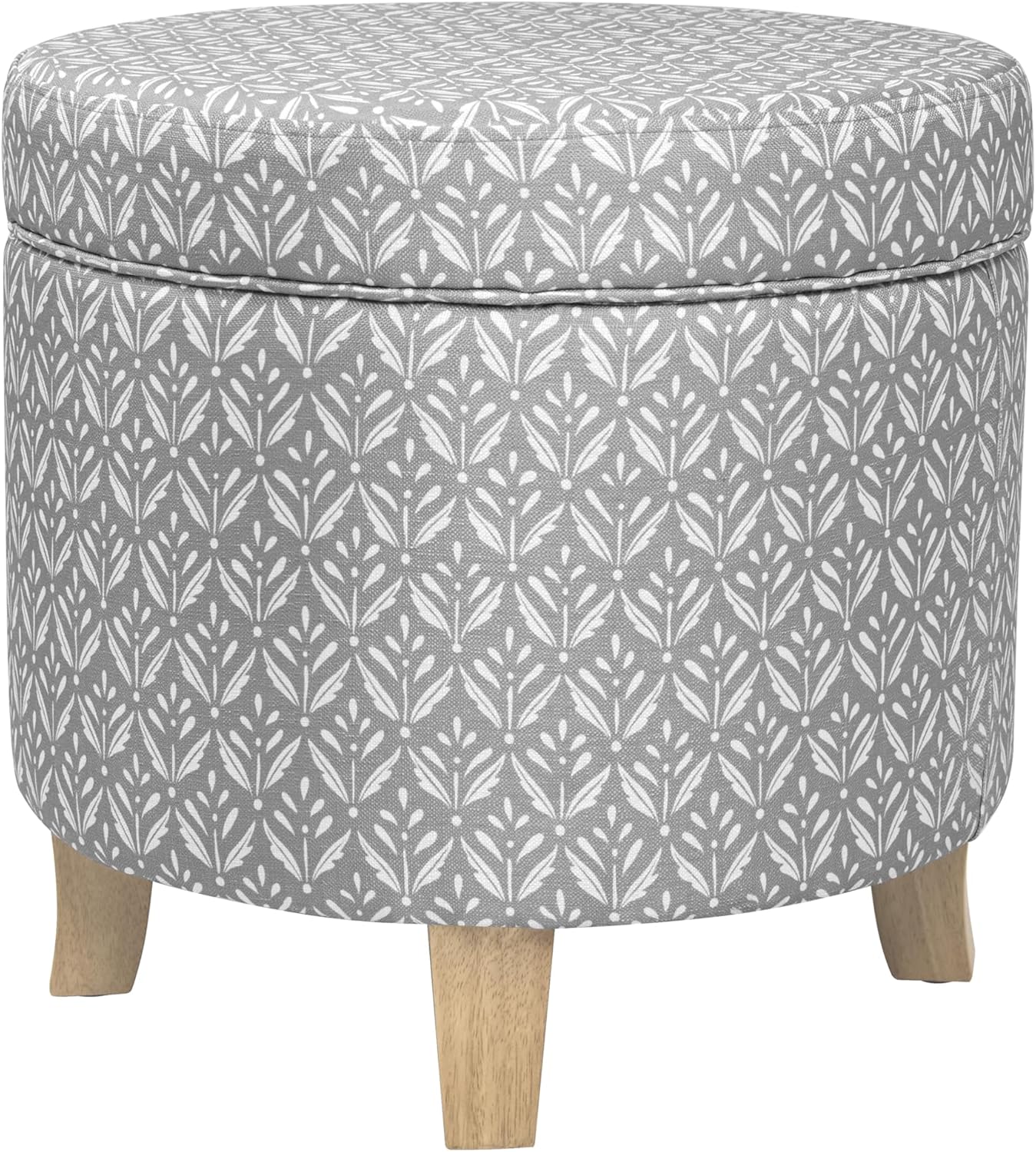 HomePop Upholstered Round Storage Ottoman|Homepop Home Décor|Upholstered Round Foot Rest Ottoman - Light Grey Print