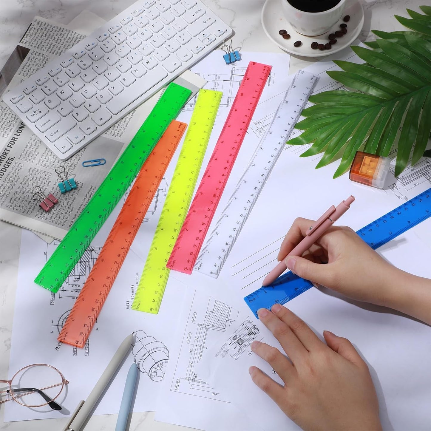 Zonon 6 Pcs 12 Inch Ruler Bulk Colorful Plastic Flexible Straight Metric Rulers with Centimeters and Inches Drafting Measuring Tool for Classroom School Students Education