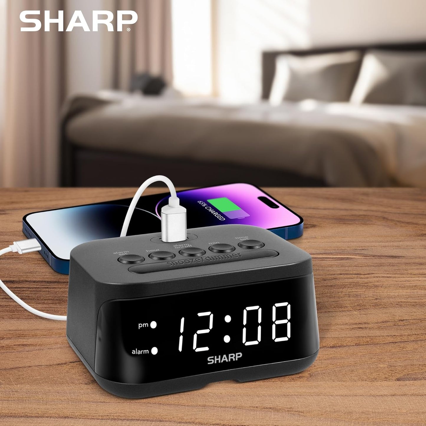 Sharp Digital Alarm Clock with USB 2 AMP Fast Charge Port & White LED Display