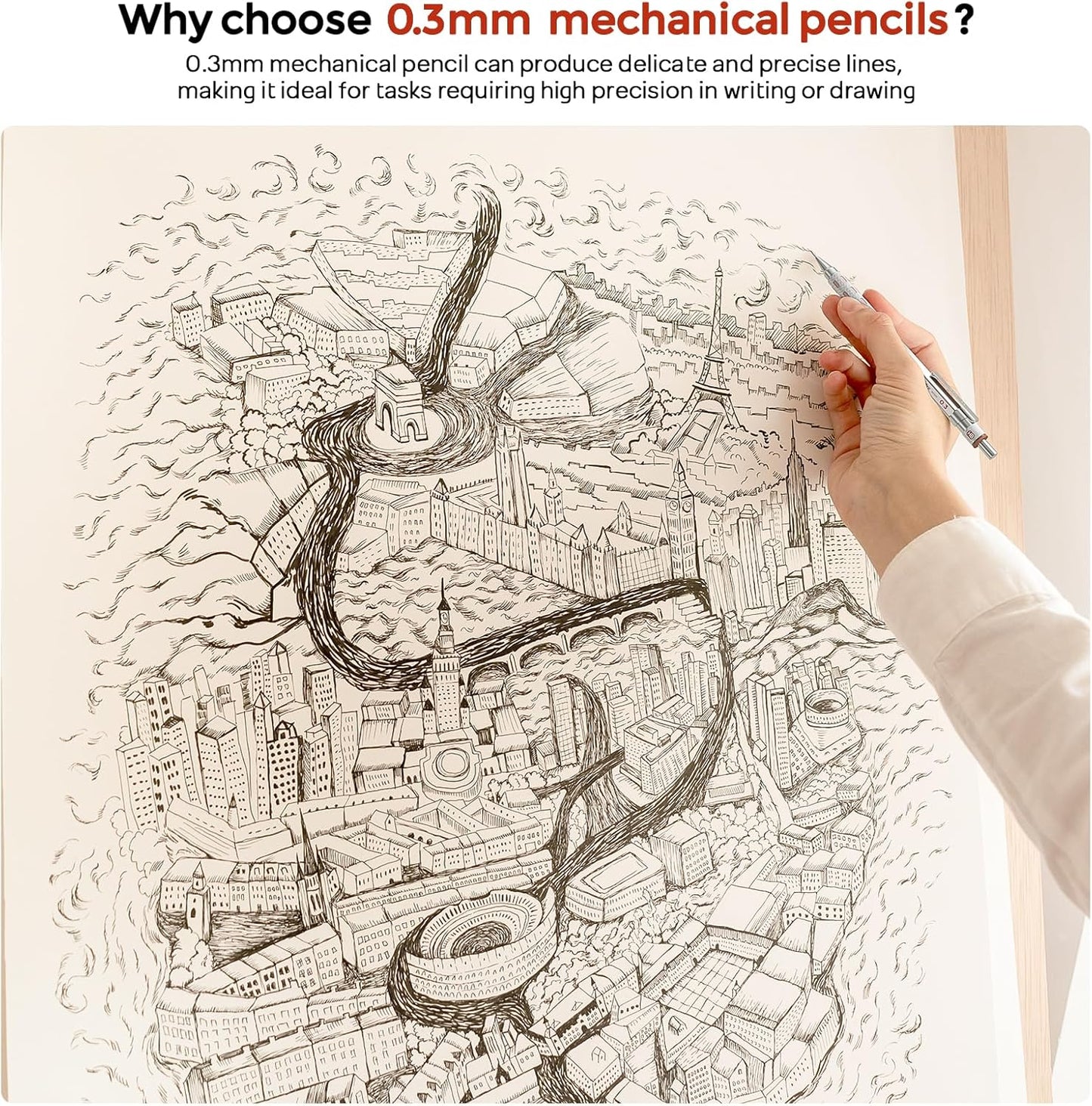 Nicpro 3 Pack Blocky Gear 0.3 mm Metal Mechanical Pencils Set with Case, Lead Drafting Pencil with 8 Tube (480PCS) Lead Refills, 4 Erasers, 18 Eraser Refills for Art Writing, Sketching Drawing