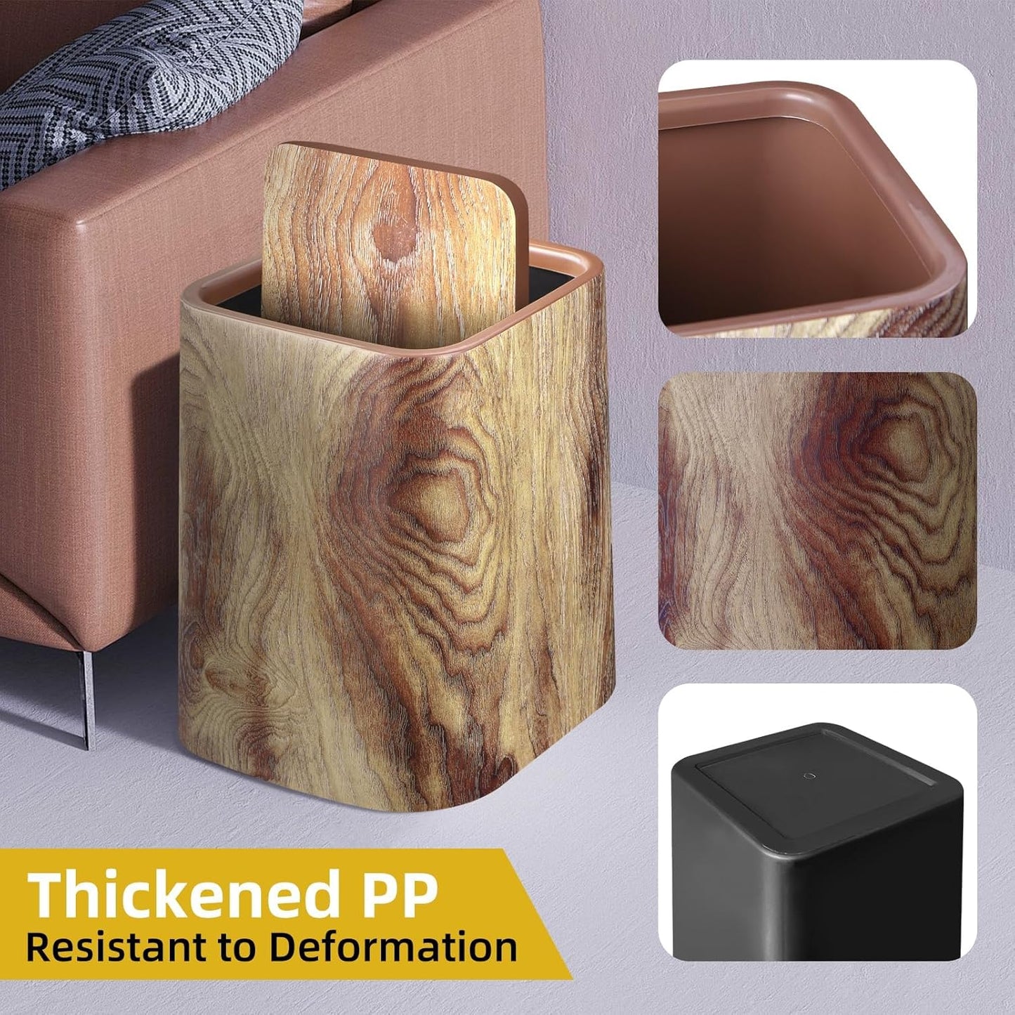 Wood Grain Plastic Trash Can Swing Top Lid, 4Gal/15L Farmhouse Wastebasket Bin Retro Style with Inner Bucket, Bathroom Trash Can Hidden Bag for Room Aesthetic, Square Brown Garbage Can 2pack