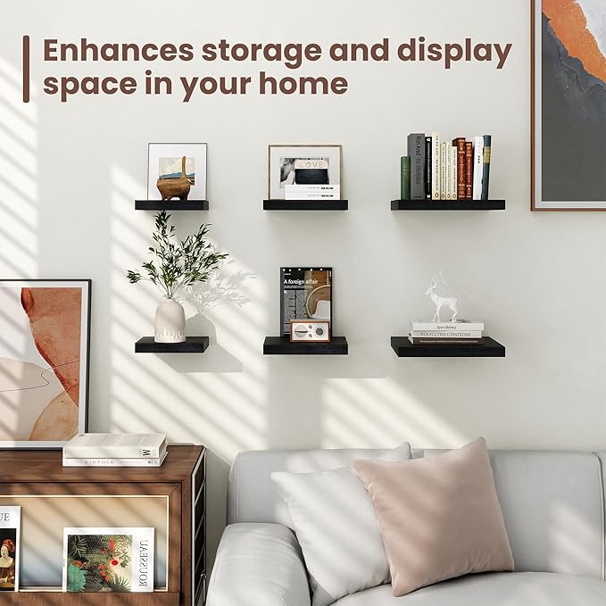Fun Memories Floating Shelves for Wall - 7.5 Inch Square Shelves with Invisible Brackets, Black Small Wall Shelf for Living Room, Bathroom, Bedroom, and Kitchen Decor,Set of 4