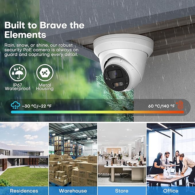 4K IP PoE Camera, Upscaled 8MP PoE Camera Outdoor with Mic/Audio, 98ft IR/Color Night Vision, Human & Vehicle Detection, 127ยฐ FOV, MicroSD (256GB)