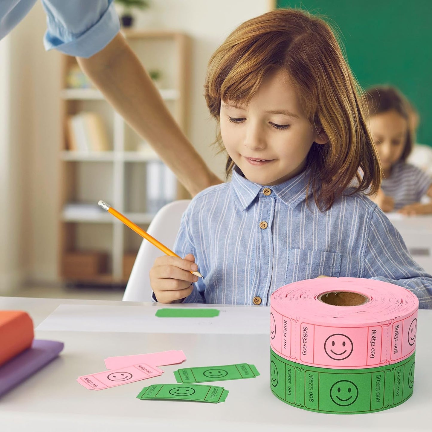 L LIKED 1000 Raffle Tickets, Smile,2 Color Set of 500 1" x 2" Single Roll,Tickets for Raffles, Carnival, Door Prizes and Class Reward - Pink/Green