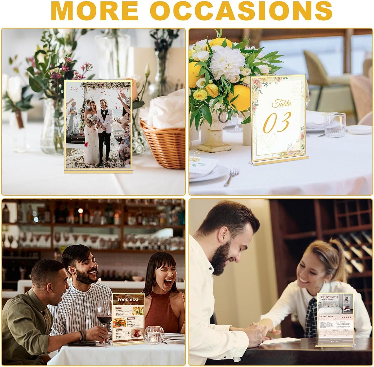 EHWINE 8 Pack Acrylic Sign Holder 8.5 x 11, Double-Sided Tabletop Gold Sign Holder, Clear Acrylic Picture Frame Menu Flyer Paper Holder Display Stand for Home Wedding Party (with Non-Slip Pads)