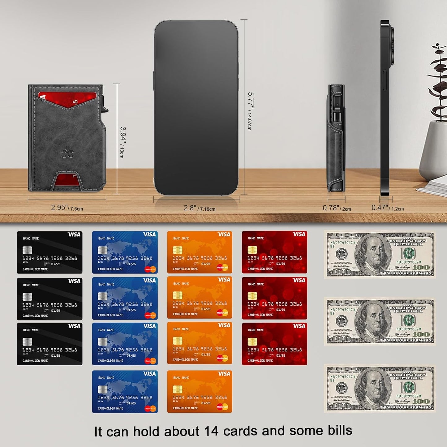 Wallet for Men Wallet with Slim Pop Up Card Holder 9-13 Cards, Bifold Minimalist Smart Wallet RFID Blocking Credit Card Holder with ID Window & Stretchable Cash Slot Compact Metal Aluminum Card Case