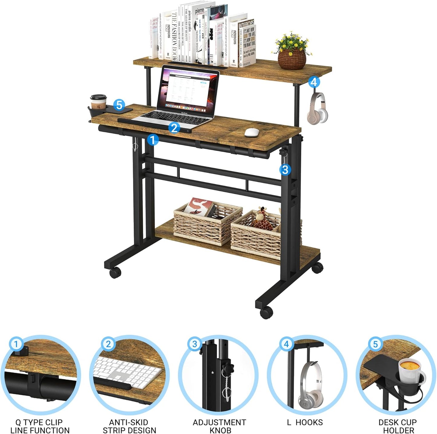 Mobile Standing Desk, Adjustable Rolling Computer Desk with 3 Desktops, Portable Laptop Table with Cup Holder, Home Office Laptop Workstation on Lockable Wheels, Black, Rustic Brown